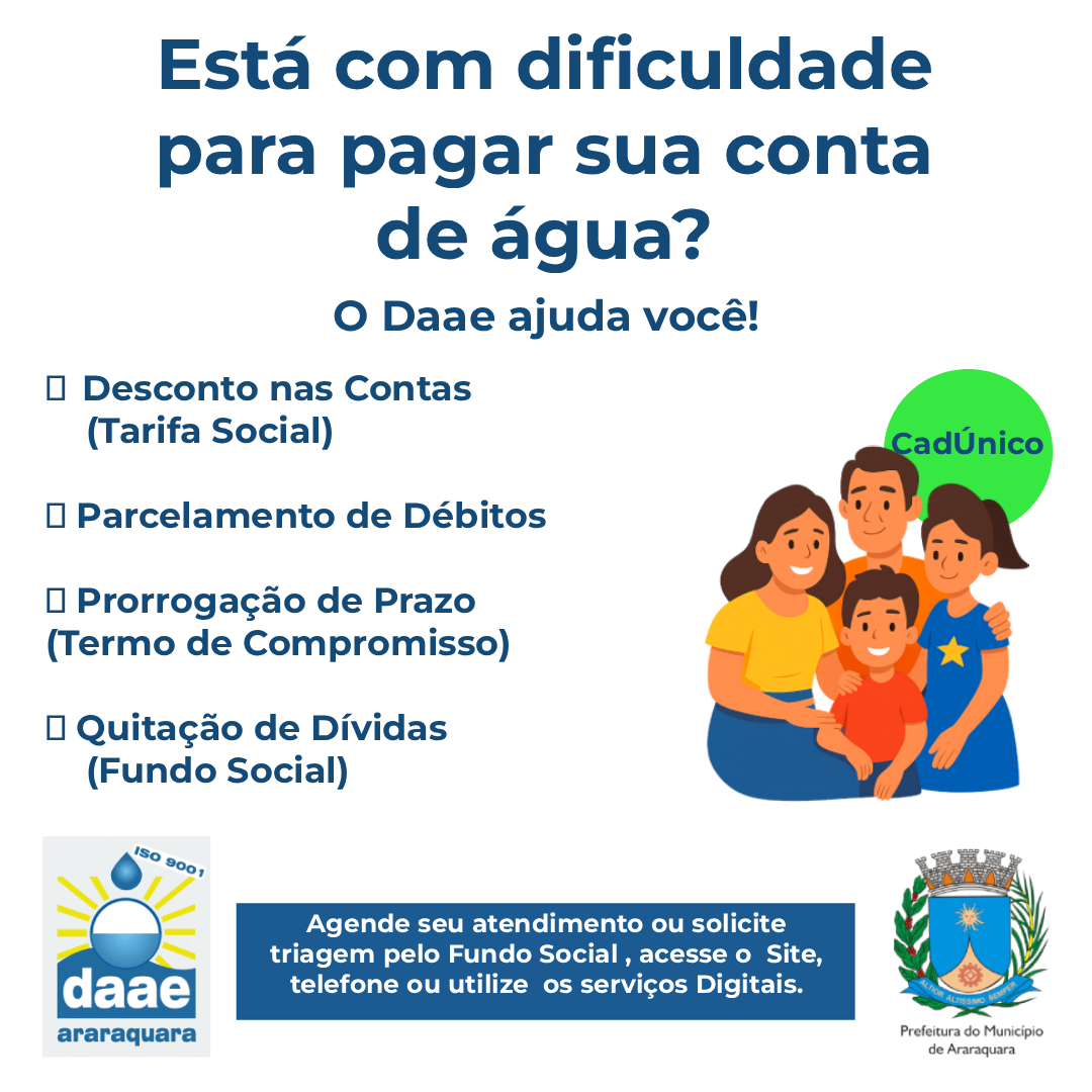PROGRAMAS SOCIAIS DO DAAE AJUDAM VOCÊ A PAGAR A CONTA DE ÁGUA