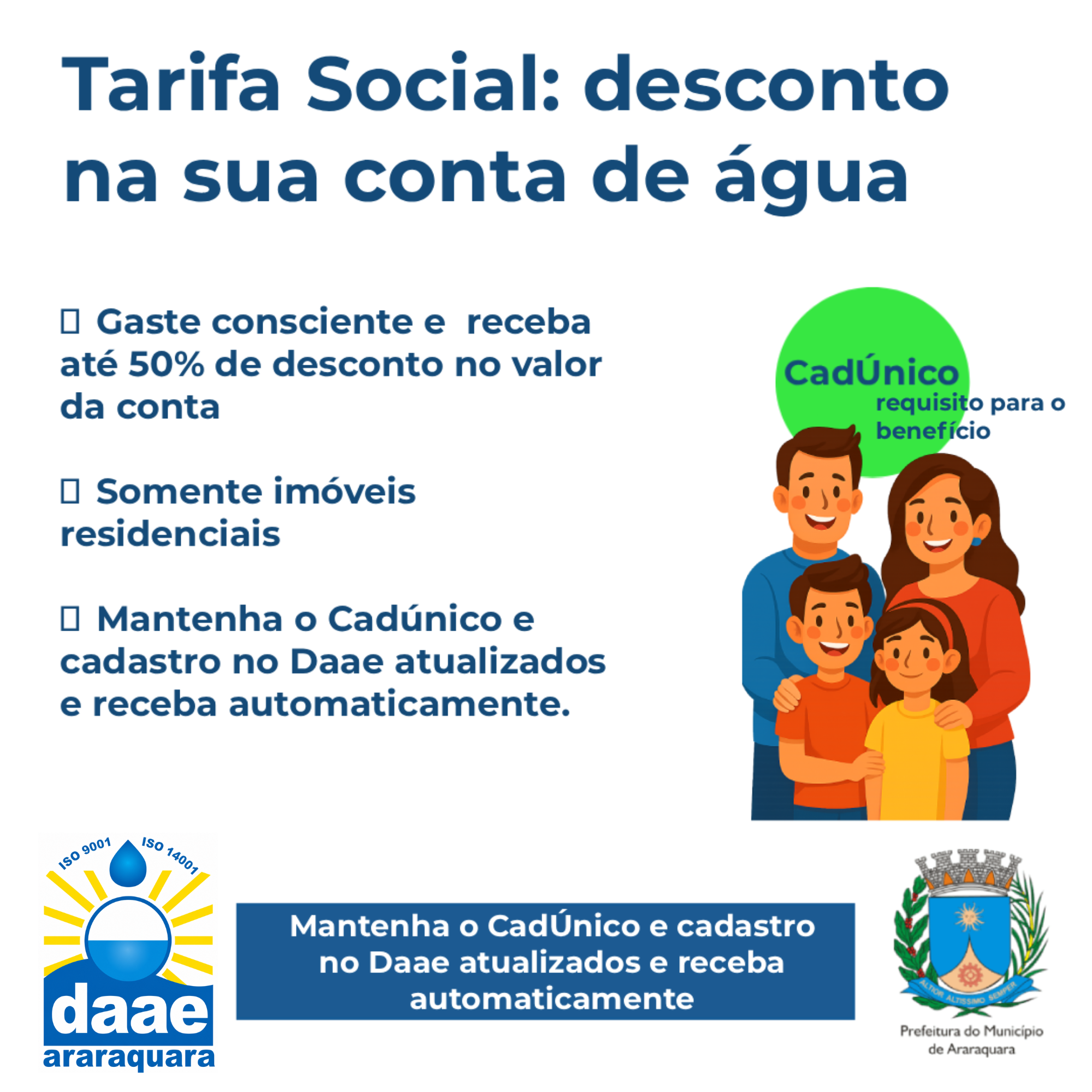 Leia mais sobre o artigo TARIFA SOCIAL DÁ DESCONTO DE ATÉ 50% NA CONTA DE ÁGUA